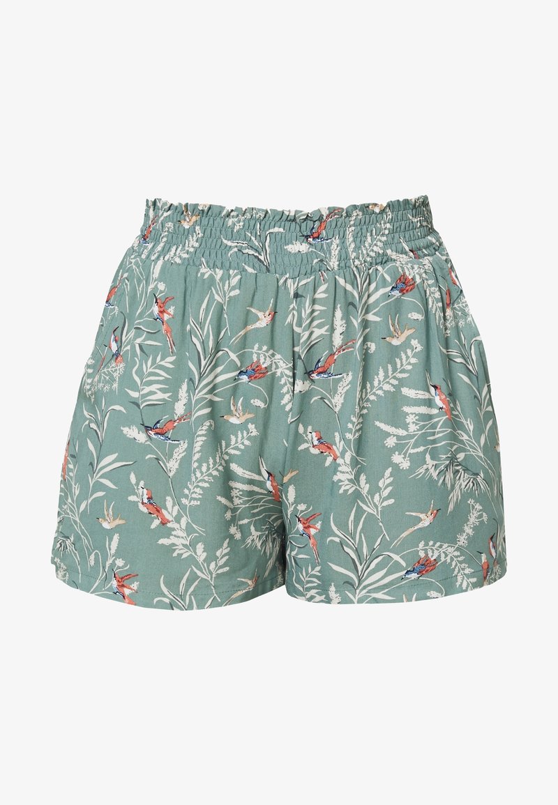 Pantaloni corti verdi a fantasia con vita elasticizzata. Il design presenta illustrazioni di uccelli e fogliame in rosso, blu e bianco su uno sfondo chiaro.