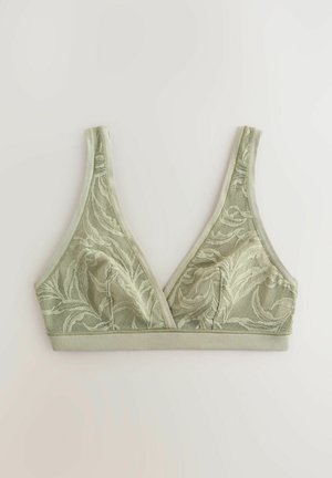 Olivgrüner Spitzen-Bralette mit dreieckigem Design, das mit floralen Mustern und einem weichen Stoffsaum versehen ist. Ohne Bügel, verstellbare Träger.