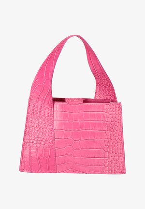 Pink leather handbag with crocodile texture, rectangular shape, and single wide handle.