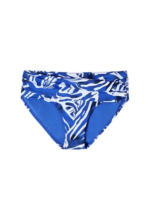 Modrý a biely bikínový spodok so zebrovaným vzorom a zhrnutým pásom, vyrobený z hladkej, elastickej tkaniny, ktorý poskytuje prispôsobený tvar.