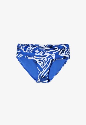 Blue and white zebra-patterned bikini bottom with gathered waistband, made from smooth, stretchy fabric, offering a fitted shape.
