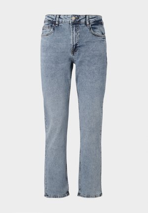 Lys blå denimjeans med høy midje, fem lommer og rett ben-design. Har subtile falminger og kontraststingdetaljer.