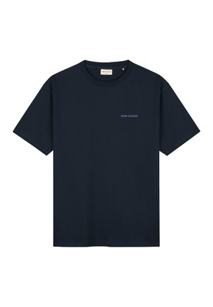 Marinefarbene Baumwoll-T-Shirt mit Rundhalsausschnitt, kurzen Ärmeln und einem kleinen, in Hellblau gestickten Logo auf der linken Brust.