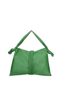 Groene, zachte leren handtas met een geknoopte handgreep, geplooid middengedeelte en een gladde, gestructureerde oppervlakte. Sfeervolle rechthoekige vorm, casual ontwerp.