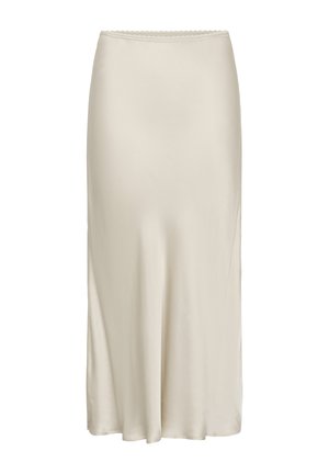 Gonna a sottoveste color beige, lunga fino alla caviglia, in tessuto setoso con una cintura liscia e una leggera svasatura verso l'orlo.