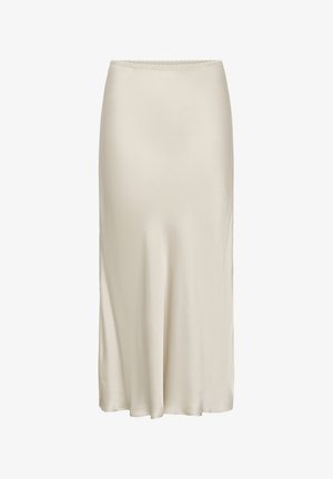 Bež, do gležnjev dolga svilnata krilo s gladkim pasom in rahlim razširitvijo proti spodnjemu robu.