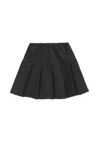 Czarna plisowana spódnica wykonana z miękkiego materiału, z elastycznym pasem. Krótka długość, rozkloszowany krój, bez widocznych wzorów.