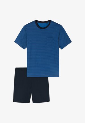 Blå kortærmet mønstret skjorte med navy krave og brystlomme kombineret med ensfarvede navy shorts, lagt fladt på hvid baggrund.