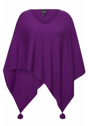 Paarse poncho gemaakt van zachte stof, met een V-hals, asymmetrisch ontwerp en decoratieve franjes aan de puntige uiteinden.