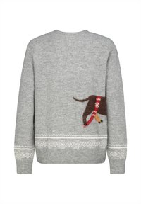 Light gray knit sweater with white patterned bands on cuffs and hem, featuring the back half of a brown dog wearing a red scarf on the side.