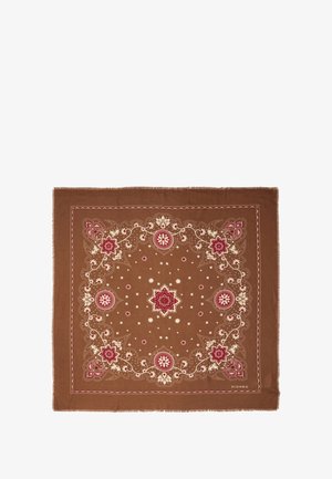 Brauner quadratischer Schal mit kunstvollen floralem und geometrischem Muster in Creme und Burgunder, mit ausgefransten Kanten. Abmessungen unbestimmt.