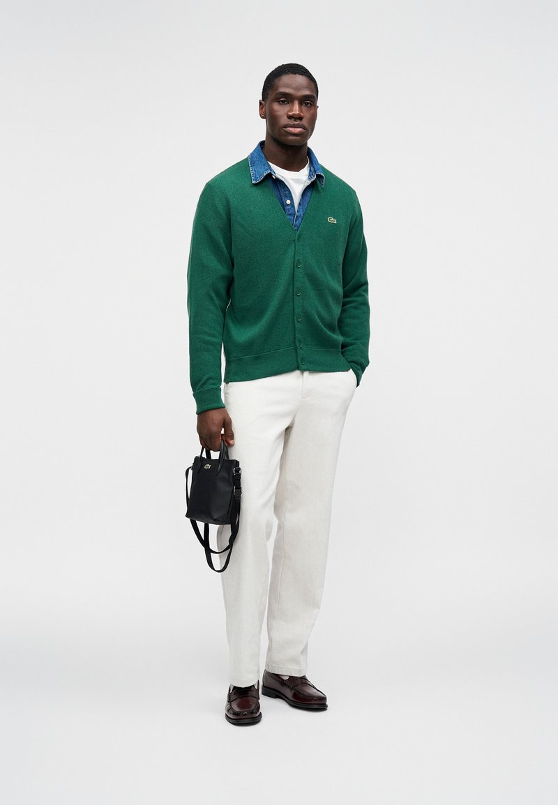 Cárdigan verde con escote en V y botones, llevado sobre una camisa de mezclilla, combinado con pantalones crema y zapatos de cuero negros. Se sostiene un pequeño bolso negro.