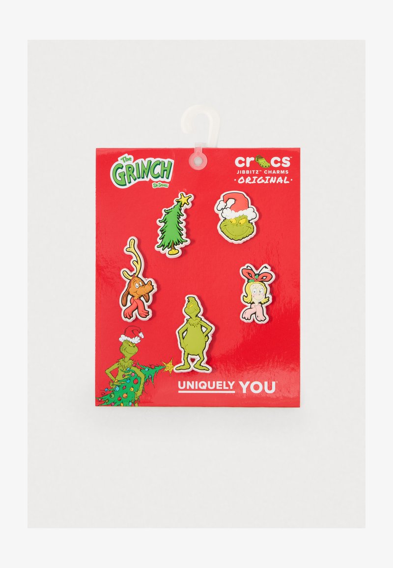 Zestaw sześciu gumowych charmsów Jibbitz przedstawiających Grincha, choinkę, jemiołę i renifera na czerwonym tle z zawieszką.