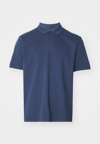 Marinblå polo t-shirt i bomull, med en tre-knappsknäppning, korta ärmar och en broderad logotyp på bröstet.