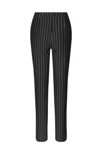 Sorte, lige bukser med hvide striber, der har en elastisk talje og sidelommer, lavet af et glat stof.