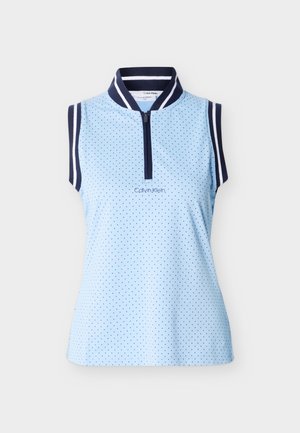 Top de golf sin mangas de color azul claro con pequeños puntos negros, ribete azul marino en el cuello y las sisas, cremallera frontal y logo de Calvin Klein en el pecho.