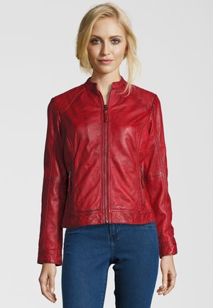 Rote Lederjacke mit Stehkragen, Frontreißverschluss und Seitentaschen. Verfügt über gestickte Details und eine taillierte Passform.