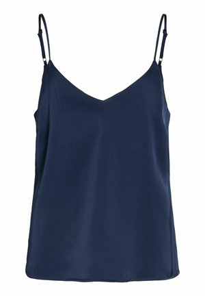 Tumši zils bezroku kamzolis ar regulējamām plānām plecu siksnām un V veida kakla izgriezumu, izgatavots no gludas, vieglas auduma.