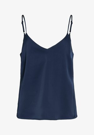 Maiou fără mâneci bleumarin cu bretele subțiri reglabile și decolteu în V, realizat dintr-un material neted și ușor.