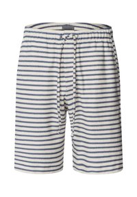 Gestreifte Herren-Shorts in Creme und Marineblau, mit einem elastischen Bund und einem Kordelzug, aus einer Baumwollmischung gefertigt und mit Seitentaschen.