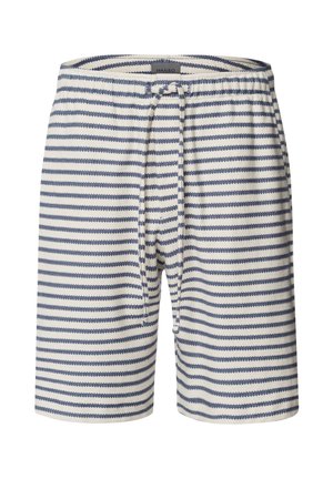 Pánské pruhované šortky v krémové a námořnické barvě, s elastickým pasem a šňůrkou na stažení, vyrobené z bavlněné směsi, s bočními kapsami.
