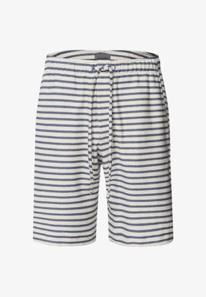 Pánské pruhované šortky v krémové a námořnické barvě, s elastickým pasem a šňůrkou na stažení, vyrobené z bavlněné směsi, s bočními kapsami.