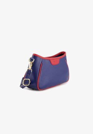 Blue leather handbag with red accents, a structured body, curved top, and gold hardware. Features an adjustable strap for crossbody wear.