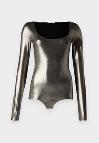 Fémes, hosszú ujjú bodysuit négyzet alakú nyakkivágással, sima textúrával és fitted kialakítással ezüst és sötétszürke árnyalatokban.