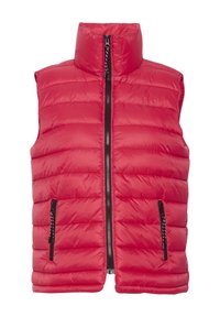 Czerwona kamizelka puchowa z wysokim kołnierzem, przednim suwakiem i dwoma czarnymi kieszeniami bocznymi na zamek. Charakteryzuje się pikowaną teksturą i lekkim designem.