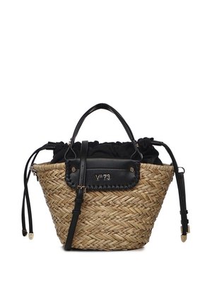 Sac à main en paille tressée avec poignées en cuir noir, fermeture par cordon, bandoulière réglable, et petite étiquette en cuir à l'avant avec le logo "V°73".
