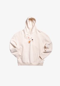 Cremfarvet hættejakke med en frontlomme, snoretræk i hætten og broderet design med forskellige bagværk. Blød tekstur, casual pasform.
