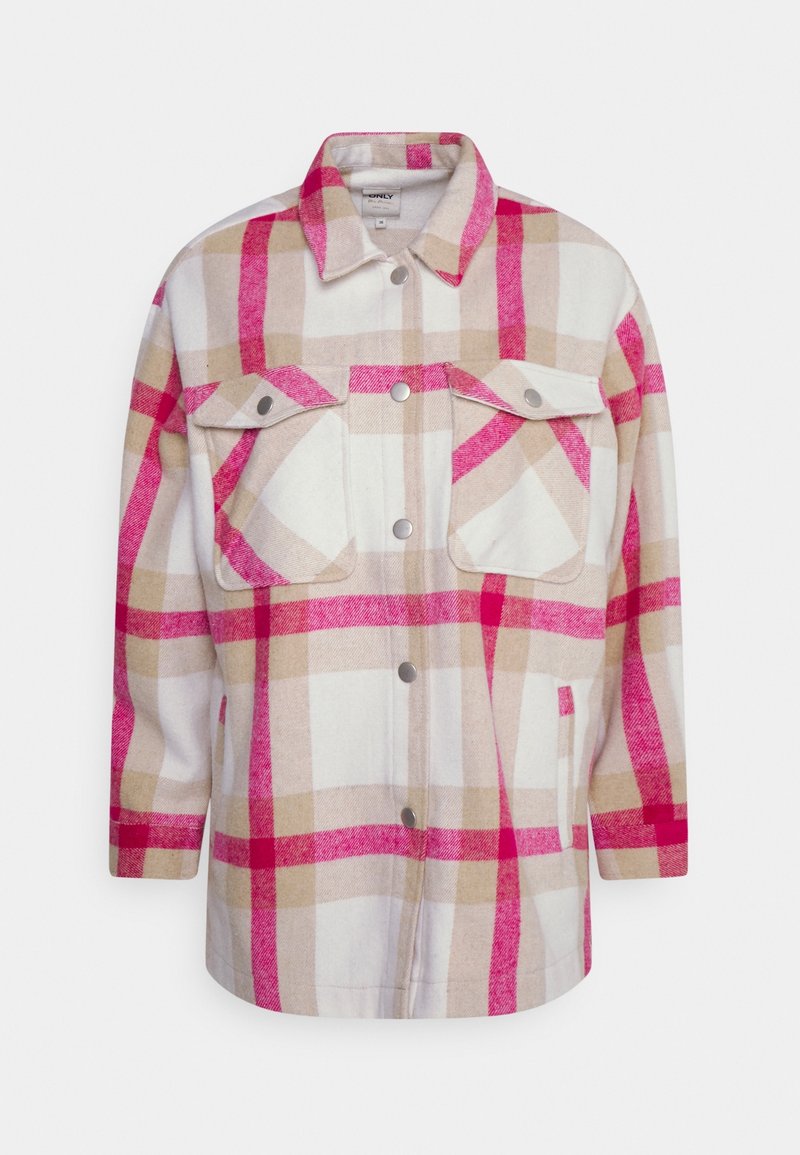 Flanellipaita takki vaaleanpunaisessa, vaaleanbeigessä ja valkoisessa ruutukuosissa. Ominaisuuksiin kuuluvat kaksi rintataskua, nepparit ja kärjellinen kaulus.