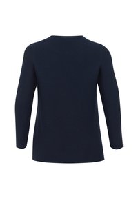 Navy blue long-sleeve sweater with a round neckline, textured fabric, and ribbed detailing. Features a relaxed fit and a plain back design.