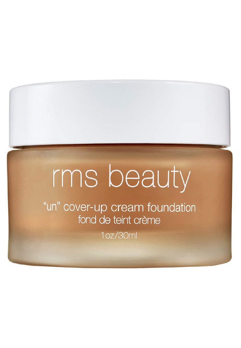 RMS Beauty "un" cover-up crème foundation, in een transparante glazen pot met een witte deksel, bevat een beige crème van 1 oz/30 ml.