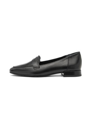 Black leather loafer with a low block heel and classic penny strap detail, shown from the side on a white background.