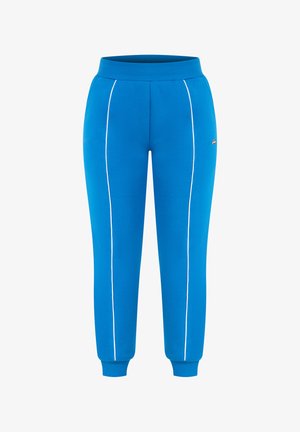 Un pantalon de survêtement bleu avec des rayures blanches sur les côtés, une taille élastique et des poignets côtelés. Fabriqué en tissu doux, conçu pour le confort et le port décontracté.
