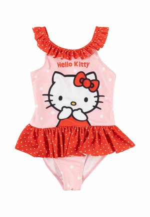 Pink and red girls' swimsuit with Hello Kitty graphic, red polka dot ruffles at shoulders and waist, and white polka dots on fabric.
