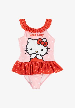 Costume da bagno per ragazze rosa e rosso con grafica di Hello Kitty, balze rosse a pois sulle spalle e in vita, e pois bianchi sul tessuto.
