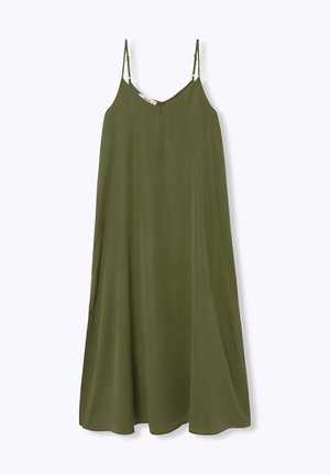 Robe midi sans manches vert olive avec fines bretelles spaghetti réglables et léger décolleté en V.
