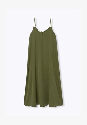 Robe midi sans manches vert olive avec fines bretelles spaghetti réglables et léger décolleté en V.