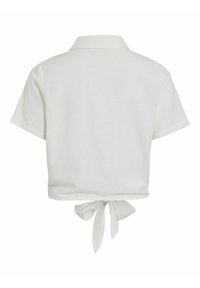 Camicetta bianca corta con colletto, maniche corte e dettaglio cravatta sul retro. Realizzata in tessuto morbido con una consistenza liscia e linee pulite.
