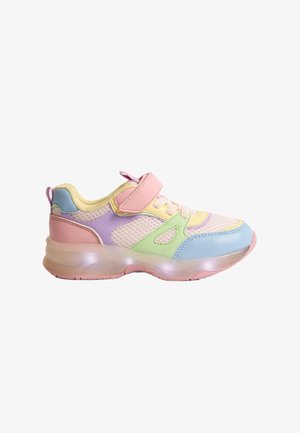 Multicolored sneaker with mesh and synthetic materials. Features pink, green, blue, and yellow accents. Velcro strap and chunky sole design.