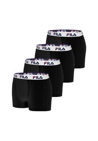 Lot de quatre boxers noirs, avec une taille blanche arborant le logo FILA rouge et bleu, en tissu lisse et offrant une coupe ajustée.