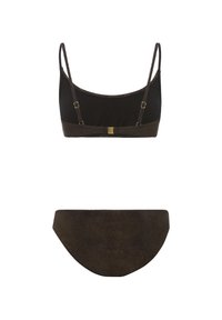 Zwart bikini set met een matte afwerking, bestaande uit een bralette top met dunne bandjes en een bijpassende low-rise onderkant, beide in een donkere, effen kleur.