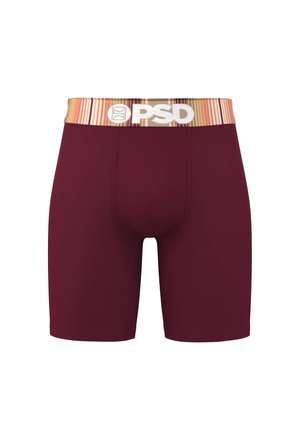 Meeste tumepunased bokserid beeži ja roosa triibulise elastse vöökohaga, millel on valge PSD-logo ees keskel.