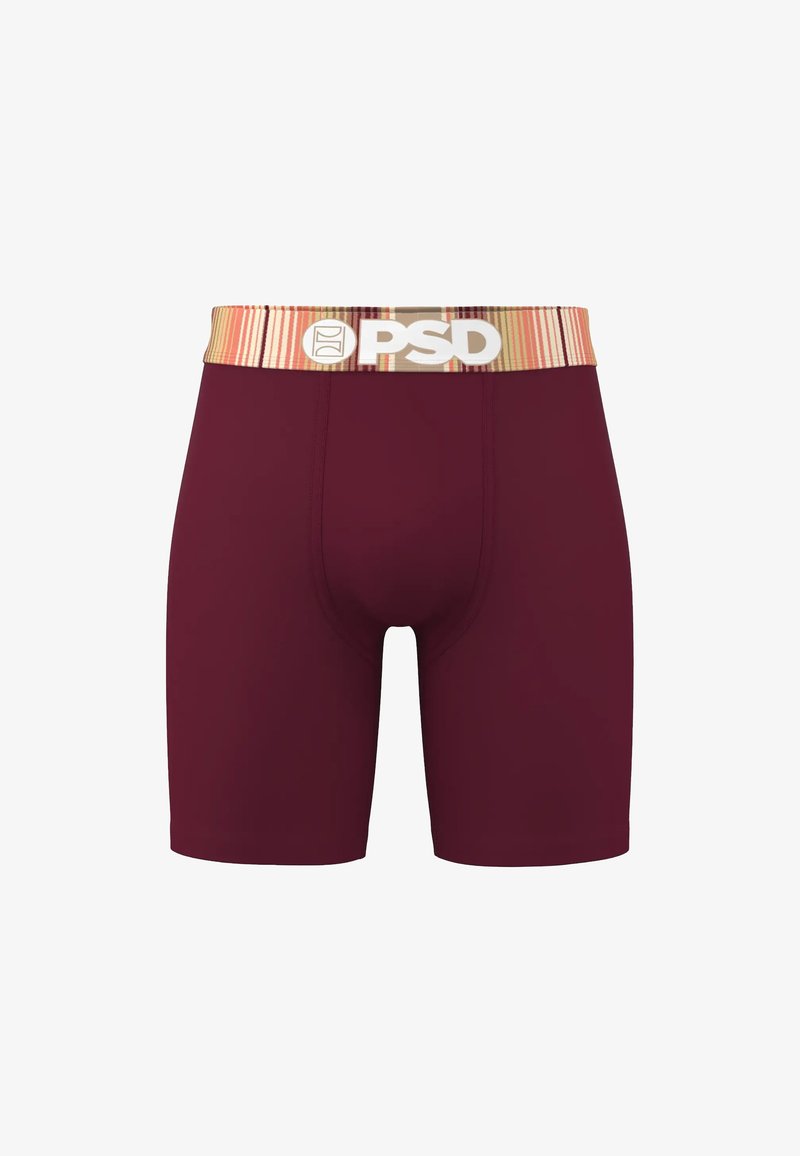 Boxers pour hommes couleur marron avec une ceinture élastique beige et rose à rayures, avec un logo PSD blanc au centre devant.