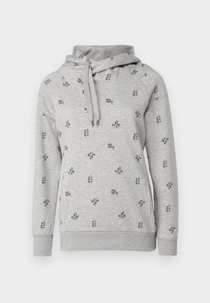 Szürke kapucnis pulóver, fekete virágmintával díszítve. Puha, texturált anyagból készült, bordázott mandzsettákkal és szegéllyel.