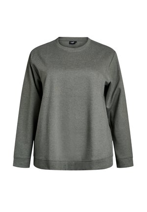 Long-sleeve crew neck sweatshirt made from a soft, textured material in dark green, featuring a relaxed fit and ribbed cuffs.