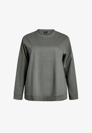 Long-sleeve crew neck sweatshirt made from a soft, textured material in dark green, featuring a relaxed fit and ribbed cuffs.
