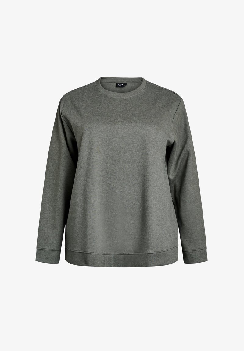 Pikadeesega, pehme ja tekstuurse materjaliga tumeroheline pikkade varrukatega sviiter, millel on lõdva fitti ja soonikkoes mansetid.